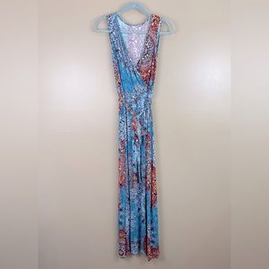 Blue Multi Medallion V-Neck Sleeveless Maxi Dress Medium Festival Boho